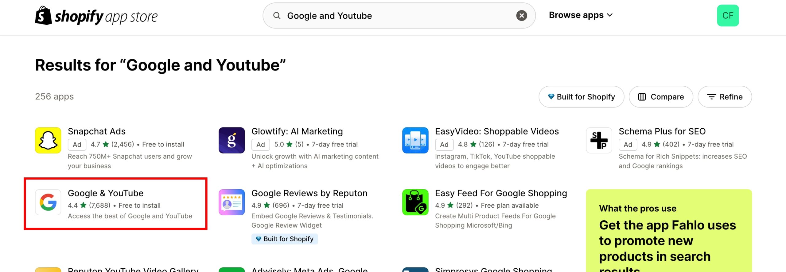 shopify app store google and youtube app