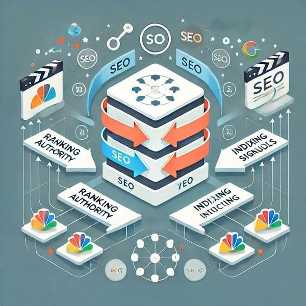 Illustration of SEO migration showing the transfer of search engine ranking signals, authority, and indexing cues between old and new website structures, with icons representing Google, Bing, and Yahoo.