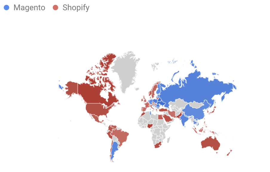 Magento vs Shopify google trends geography